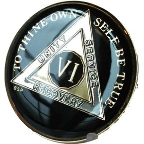 Blue Star Press 6 Year Classic Black AA Alcoholics Anonymous Medallion Sobriety Chip Tri Plate Gold & Nickel Plated Serenity Prayer
