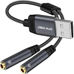DUKABEL USB Audio Splitter, USB to 3.5mm Audio Jack Adapter with Dual TRRS 4 Pole Jacks, USB Aux Stereo Splitter for PC, Laptop, Mac, Desktops, Linux, PS4, PS5 and More(Grey)