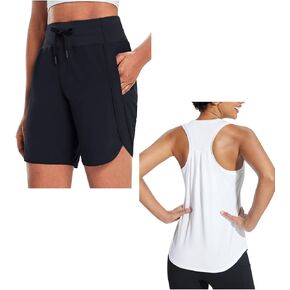 BALEAF Women's 7" Long Running Shorts & Racerback Workout Tank Top Black&White 2XL in Saudi Arabia