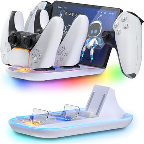 HEATFUN PS Portal Charger, 3-in-1 Charger Dock for PS Portal and PS5 Controllers, PS Portal Accessories with 14 RGB Lights, Type-C Cable - White