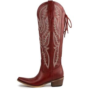Western Cowboy Boots for Women Knee High Wide Calf Lace Up Embroidered Cowgirl Boots