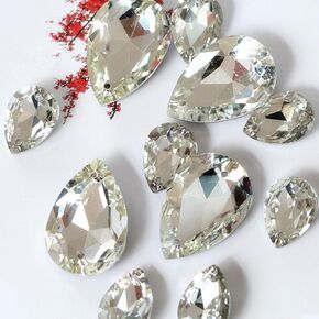 50PCS Teardrop Crystal Sew On Rhinestone Pointback Glass Sew on Stone Droplet Sewing Rhinestone for Wedding Dress (7x10MM)