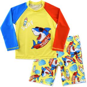 Kids Short Sleeve Sunsuit Swimwear Boys Two Piece Rash-Guard-Sets Dinosaur Pattern