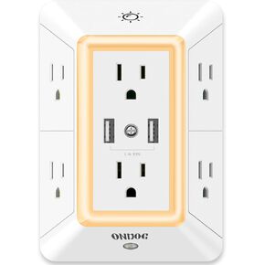 منافذ توصيل متعددة، موسعات منافذ، واقي زيادة التيار من ONDOG مع موسع 6 منافذ ومنفذي USB وإضاءة ليلية، شريط طاقة ثلاثي الجوانب مع منافذ محول متباعدة - أبيض، مدرج في قائمة ETL in Kuwait