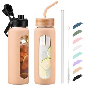 Kodrine Water Bottle with Straw, 24 oz Glass water Bottle with 2 Lids Bamboo Straw Lid and Spout Lid with Handle, Clear Water Bottle Glass for Sports Travel, Waterbottle with Time Marker, Amber