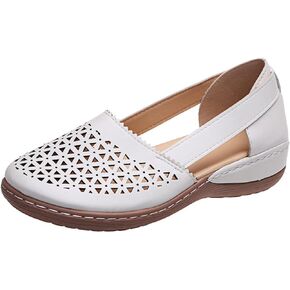 Women's Leather Baotou Hollow Wedge Sandals,Summer Round Closed Toe Low Heel Sandals,Comfortable Breathable Elastic Sandals.