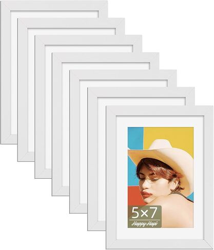 HappyHapi 5x7 Picture Frames, 7 Pack Photo Frames, Display Pictures 5x7 without Mat or 4x6 with Mat, Wall Hanging Photo Frame or Tabletop Display (White) in Saudi Arabia