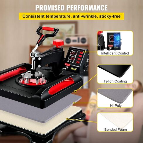 VEVOR Pro Heat Press Machine, 12 x 15 Inches, Fast Heating, 5 in 1 Combo 360 Swing Away Digital Sublimation T-Shirt Vinyl Transfer Printer with Anti-Scald Surface, Hat, Mug, Plate, ETL Listed, Black in Saudi Arabia