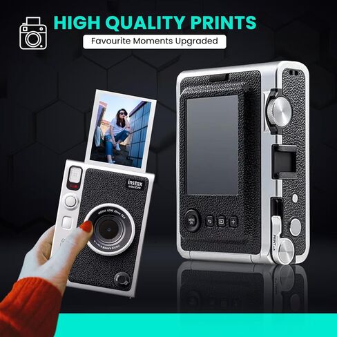 حزمة كاميرا Fujifilm Mini EVO Hybrid الفورية مع 20 ورقة فيلم فورية + بطاقة ذاكرة 32 جيجابايت + حقيبة حمل + حامل ثلاثي مرن + قطعة قماش للتنظيف BluebirdSales (أسود) in Kuwait