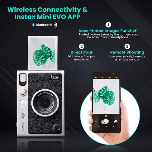 حزمة كاميرا Fujifilm Mini EVO Hybrid الفورية مع 20 ورقة فيلم فورية + بطاقة ذاكرة 32 جيجابايت + حقيبة حمل + حامل ثلاثي مرن + قطعة قماش للتنظيف BluebirdSales (أسود) in Kuwait