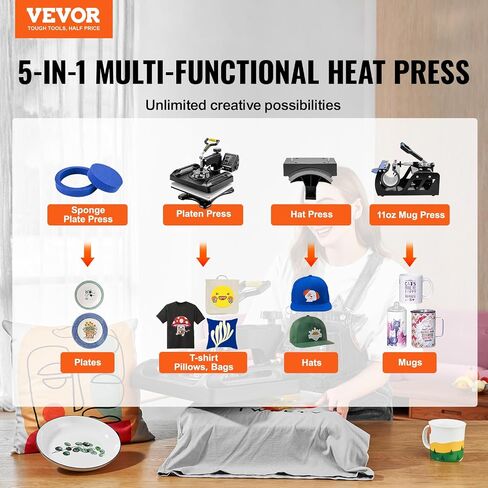 VEVOR Pro Heat Press Machine, 12 x 15 Inches, Fast Heating, 5 in 1 Combo 360 Swing Away Digital Sublimation T-Shirt Vinyl Transfer Printer with Anti-Scald Surface, Hat, Mug, Plate, ETL Listed, Black in Saudi Arabia