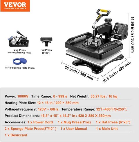 VEVOR Pro Heat Press Machine, 12 x 15 Inches, Fast Heating, 5 in 1 Combo 360 Swing Away Digital Sublimation T-Shirt Vinyl Transfer Printer with Anti-Scald Surface, Hat, Mug, Plate, ETL Listed, Black in Saudi Arabia