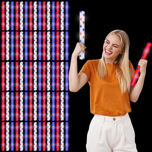 Junkin 4th of July Glow Sticks السائبة 15.8 "أحمر أبيض أزرق توهج العصي عيد الاستقلال LED العصي الرغوية مع نمط نجمة العصي الخفيفة الوطنية لحفلة عيد ميلاد يوم الذكرى، 3 وضع وامض (36 جهاز كمبيوتر شخصى) in Saudi Arabia