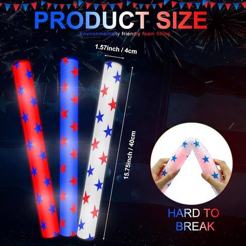 Junkin 4th of July Glow Sticks السائبة 15.8 "أحمر أبيض أزرق توهج العصي عيد الاستقلال LED العصي الرغوية مع نمط نجمة العصي الخفيفة الوطنية لحفلة عيد ميلاد يوم الذكرى، 3 وضع وامض (36 جهاز كمبيوتر شخصى) in Saudi Arabia