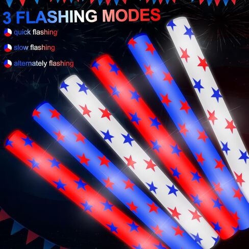 Junkin 4th of July Glow Sticks السائبة 15.8 "أحمر أبيض أزرق توهج العصي عيد الاستقلال LED العصي الرغوية مع نمط نجمة العصي الخفيفة الوطنية لحفلة عيد ميلاد يوم الذكرى، 3 وضع وامض (36 جهاز كمبيوتر شخصى) in Saudi Arabia