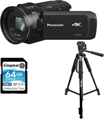 Panasonic VX1 4K Ultra HD 24x Leica Dicomar Lens 1/2.5-Inch Sensor Camcorder Bundle with 64GB SD Card and Tripod (3 Items) in Saudi Arabia