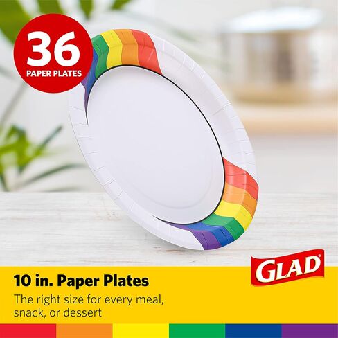 Glad Everyday Round Disposable 10" Paper Plates with Rainbow Design | Heavy Duty Soak Proof, Cut-Resistant, Microwavable Paper Plates for All Foods & Daily Use | 10 Inches, 36 Count in Saudi Arabia