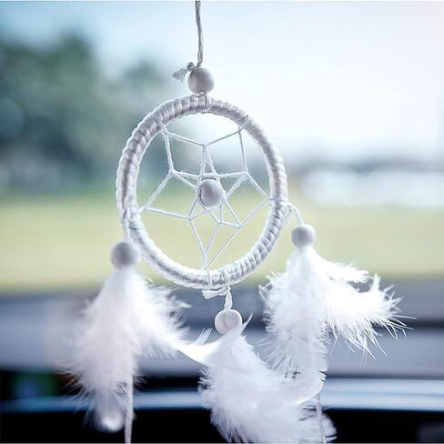 إكسسوارات تعليق مرآة الرؤية الخلفية للسيارة مصنوعة يدويًا، زينة صائدة الأحلام ريش أبيض أنيق للتعليق على الحائط، ملحقات مرآة الرؤية الخلفية للنساء والرجال، ديكور داخلي للسيارة in Kuwait