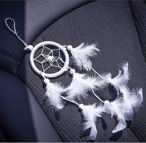 إكسسوارات تعليق مرآة الرؤية الخلفية للسيارة مصنوعة يدويًا، زينة صائدة الأحلام ريش أبيض أنيق للتعليق على الحائط، ملحقات مرآة الرؤية الخلفية للنساء والرجال، ديكور داخلي للسيارة in Kuwait