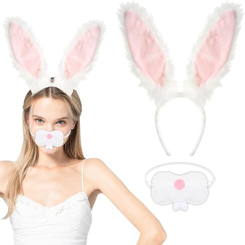 Bunny Ears Headbands Plush Fabric Bunny Nose Furry Rabbit Ear Headband Set Easter Party Prom Cosplay Supplies Halloween Costume Acessory for Women(White+Pink) in Saudi Arabia