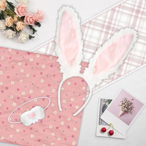 Bunny Ears Headbands Plush Fabric Bunny Nose Furry Rabbit Ear Headband Set Easter Party Prom Cosplay Supplies Halloween Costume Acessory for Women(White+Pink) in Saudi Arabia