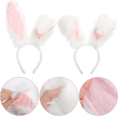 Bunny Ears Headbands Plush Fabric Bunny Nose Furry Rabbit Ear Headband Set Easter Party Prom Cosplay Supplies Halloween Costume Acessory for Women(White+Pink) in Saudi Arabia