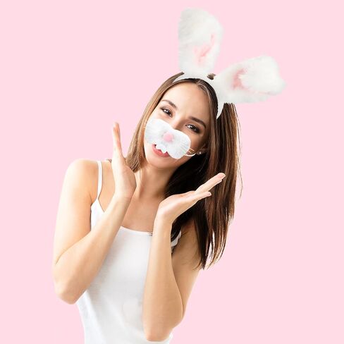 Bunny Ears Headbands Plush Fabric Bunny Nose Furry Rabbit Ear Headband Set Easter Party Prom Cosplay Supplies Halloween Costume Acessory for Women(White+Pink) in Saudi Arabia