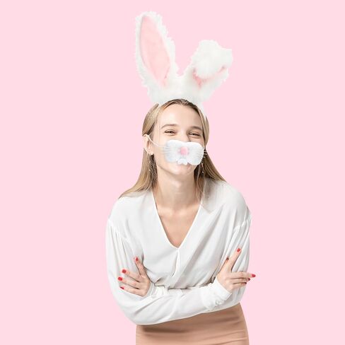 Bunny Ears Headbands Plush Fabric Bunny Nose Furry Rabbit Ear Headband Set Easter Party Prom Cosplay Supplies Halloween Costume Acessory for Women(White+Pink) in Saudi Arabia