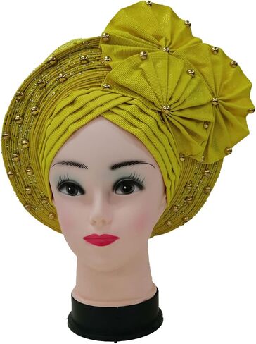 Already Made ASO Oke Gele Headties with Beads Nigerian Auto Gele Headtie African Head Wrap Turban for Women Fashion Headbands(Black) in Saudi Arabia