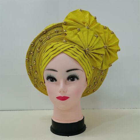 Already Made ASO Oke Gele Headties with Beads Nigerian Auto Gele Headtie African Head Wrap Turban for Women Fashion Headbands(Black) in Saudi Arabia