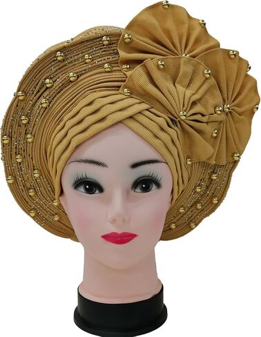 Already Made ASO Oke Gele Headties with Beads Nigerian Auto Gele Headtie African Head Wrap Turban for Women Fashion Headbands(Black) in Saudi Arabia