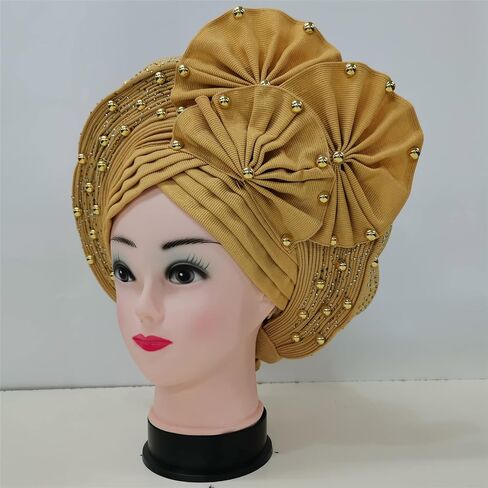 Already Made ASO Oke Gele Headties with Beads Nigerian Auto Gele Headtie African Head Wrap Turban for Women Fashion Headbands(Black) in Saudi Arabia