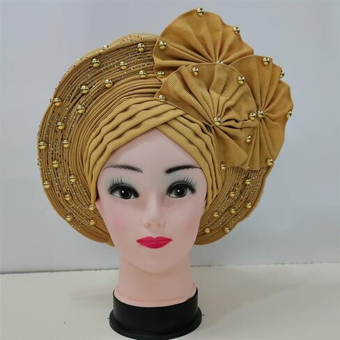 Already Made ASO Oke Gele Headties with Beads Nigerian Auto Gele Headtie African Head Wrap Turban for Women Fashion Headbands(Black) in Saudi Arabia