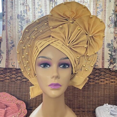Already Made ASO Oke Gele Headties with Beads Nigerian Auto Gele Headtie African Head Wrap Turban for Women Fashion Headbands(Black) in Saudi Arabia