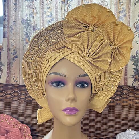 Already Made ASO Oke Gele Headties with Beads Nigerian Auto Gele Headtie African Head Wrap Turban for Women Fashion Headbands(Black) in Saudi Arabia