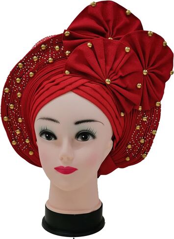 Already Made ASO Oke Gele Headties with Beads Nigerian Auto Gele Headtie African Head Wrap Turban for Women Fashion Headbands(Black) in Saudi Arabia
