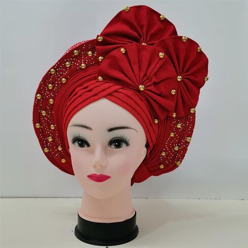 Already Made ASO Oke Gele Headties with Beads Nigerian Auto Gele Headtie African Head Wrap Turban for Women Fashion Headbands(Black) in Saudi Arabia