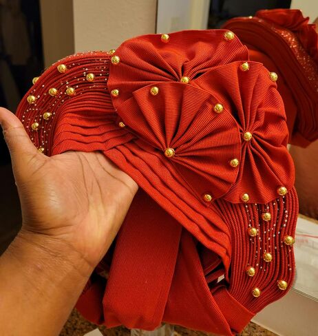 Already Made ASO Oke Gele Headties with Beads Nigerian Auto Gele Headtie African Head Wrap Turban for Women Fashion Headbands(Black) in Saudi Arabia