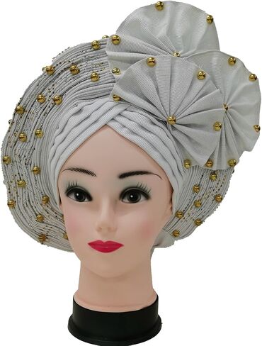 Already Made ASO Oke Gele Headties with Beads Nigerian Auto Gele Headtie African Head Wrap Turban for Women Fashion Headbands(Black) in Saudi Arabia