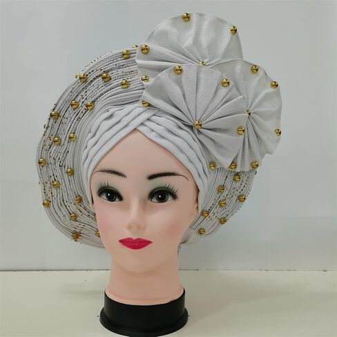 Already Made ASO Oke Gele Headties with Beads Nigerian Auto Gele Headtie African Head Wrap Turban for Women Fashion Headbands(Black) in Saudi Arabia