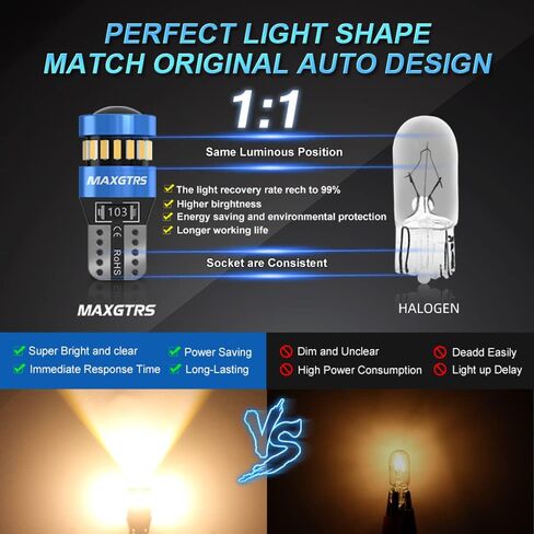 MAXGTRS 194 LED Light Bulb 4300k Warm Wihte 168 2825 W5W T10 Wedge 18-SMD 3014 Chipsets LED Replacement Bulbs with Condenser Lens for Car Dome Map Door Courtesy License Plate Lights, Pack of 10 in Saudi Arabia