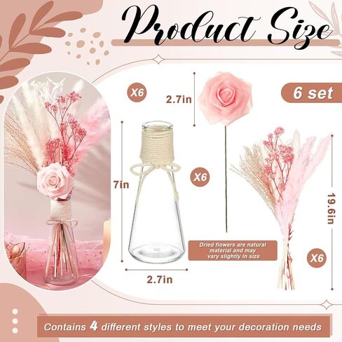 Hotop 6 Sets Pink Dried Pampas Grass Bouquet Centerpieces with Vase 19.6 Inch Natural Pampas Grass Decor Artificial Flowers for Boho Girl Baby Shower Home Wedding Decoration Table Centerpiece in Saudi Arabia