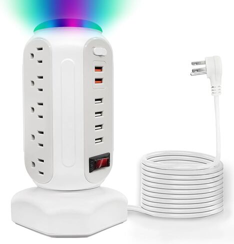 برج قطاع الطاقة مع ضوء ليلي ملون، 15 منفذًا و6 منافذ USB، صندوق سماوي مع برج قطاع الطاقة للحماية من زيادة التيار USB وسلك تمديد قابس مسطح بطول 6.5 قدم، حماية من التحميل الزائد للمخرج للمنزل والمكتب. in Kuwait
