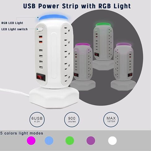برج قطاع الطاقة مع ضوء ليلي ملون، 15 منفذًا و6 منافذ USB، صندوق سماوي مع برج قطاع الطاقة للحماية من زيادة التيار USB وسلك تمديد قابس مسطح بطول 6.5 قدم، حماية من التحميل الزائد للمخرج للمنزل والمكتب. in Kuwait