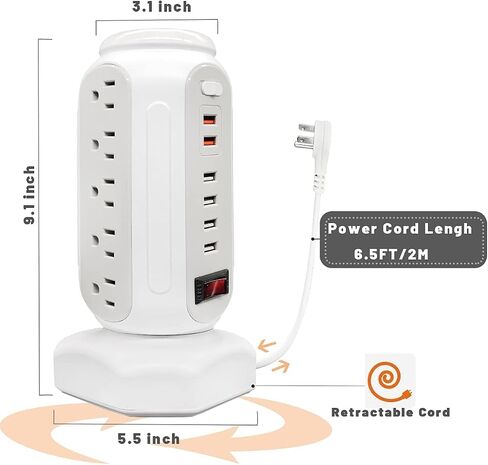 برج قطاع الطاقة مع ضوء ليلي ملون، 15 منفذًا و6 منافذ USB، صندوق سماوي مع برج قطاع الطاقة للحماية من زيادة التيار USB وسلك تمديد قابس مسطح بطول 6.5 قدم، حماية من التحميل الزائد للمخرج للمنزل والمكتب. in Kuwait