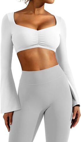 YEOREO Kyla Women Crop Top Long Flare Sleeve Padded Sports Low Medium Impact Yoga Shirt Workout in Saudi Arabia