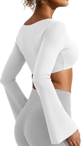 YEOREO Kyla Women Crop Top Long Flare Sleeve Padded Sports Low Medium Impact Yoga Shirt Workout in Saudi Arabia