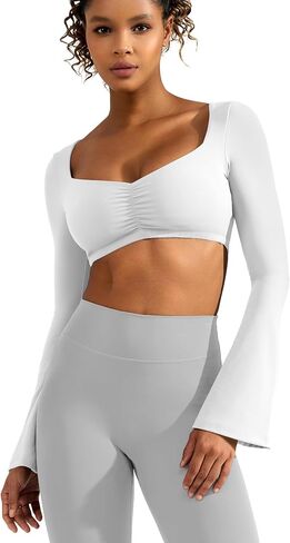 YEOREO Kyla Women Crop Top Long Flare Sleeve Padded Sports Low Medium Impact Yoga Shirt Workout in Saudi Arabia