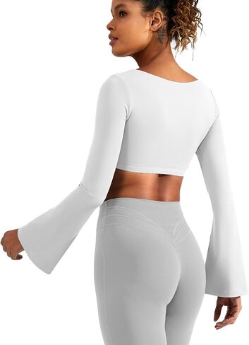 YEOREO Kyla Women Crop Top Long Flare Sleeve Padded Sports Low Medium Impact Yoga Shirt Workout in Saudi Arabia