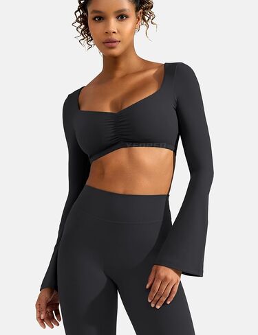 YEOREO Kyla Women Crop Top Long Flare Sleeve Padded Sports Low Medium Impact Yoga Shirt Workout in Saudi Arabia